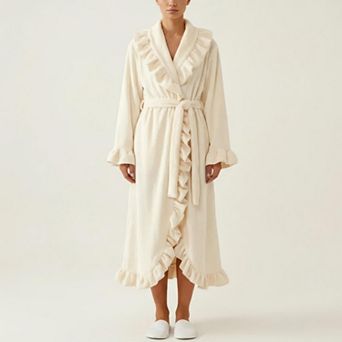 Women's Long Sleeve Wrap Robe with Ruffle Trim Shawl Collar Tie Waist Belt Soft Lightweight Robe