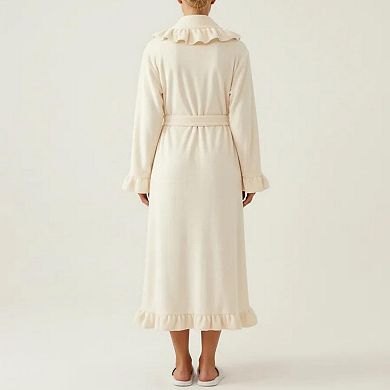 Women's Long Sleeve Wrap Robe with Ruffle Trim Shawl Collar Tie Waist Belt Soft Lightweight Robe