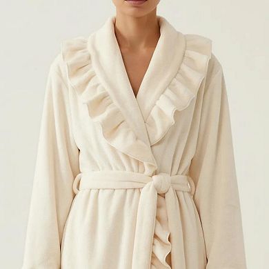 Women's Long Sleeve Wrap Robe with Ruffle Trim Shawl Collar Tie Waist Belt Soft Lightweight Robe