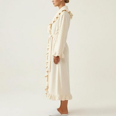 Women's Long Sleeve Wrap Robe with Ruffle Trim Shawl Collar Tie Waist Belt Soft Lightweight Robe