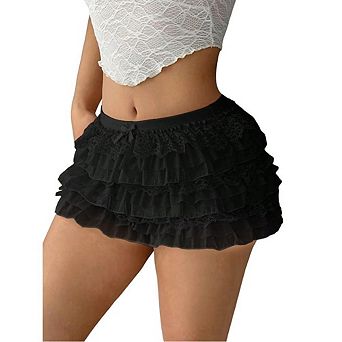 Women's Ruffle Lace Mini Skort Sweet Bow Detail Tiered Layered Flowy Party Clubwear