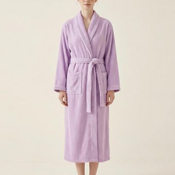 Women's Long Plush Robe with Shawl Collar Tie Waist Belt Front Pockets Soft Fleece Robe