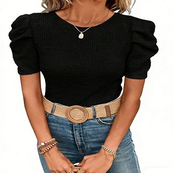 Women's slim fit round neck bubble short sleeve T-shirt top blouse tunics