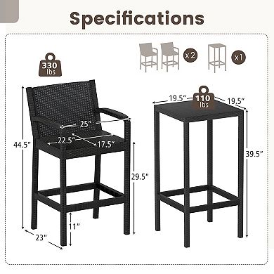 Gymax 3 Piece Patio Bar Set Bistro Table & Chairs w/ Heavy-Duty Metal Frame