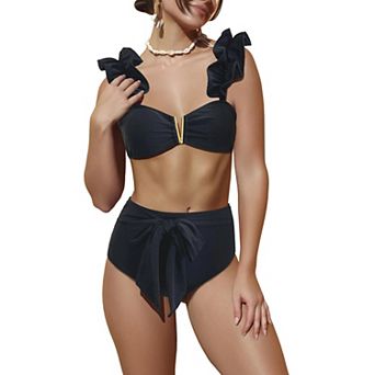 Women’s Ruffle Shoulder High Waisted Bikini Set, V-Bar Tie Front 2 pc Swimsuit