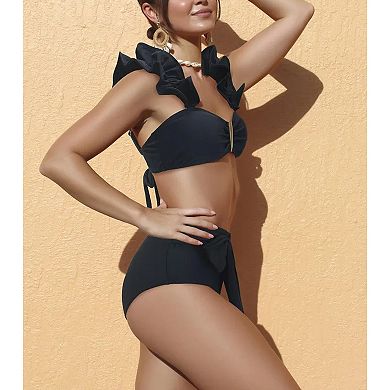 Women’s Ruffle Shoulder High Waisted Bikini Set, V-Bar Tie Front 2 Piece Swimsuit