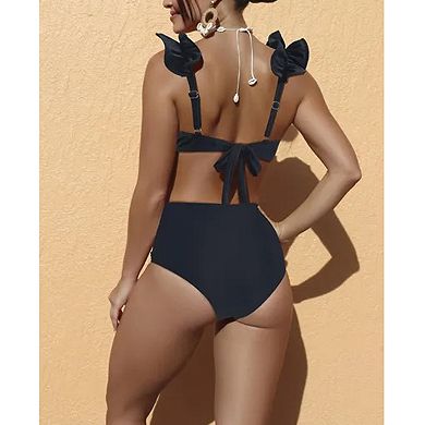 Women’s Ruffle Shoulder High Waisted Bikini Set, V-Bar Tie Front 2 Piece Swimsuit