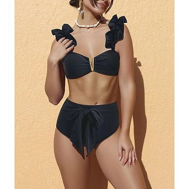 Women’s Ruffle Shoulder High Waisted Bikini Set, V-Bar Tie Front 2 Piece Swimsuit