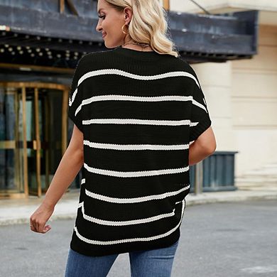 Women's Oversized Pullover Sweater Short Sleeve Lightweight Striped Top