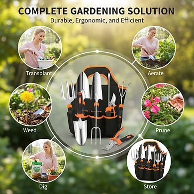 Stainless Steel Heavy Duty Gardening Tool Set, Non-Slip Rubber Grip with Storage Tote Bag
