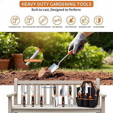 Stainless Steel Heavy Duty Gardening Tool Set, Non-Slip Rubber Grip with Storage Tote Bag