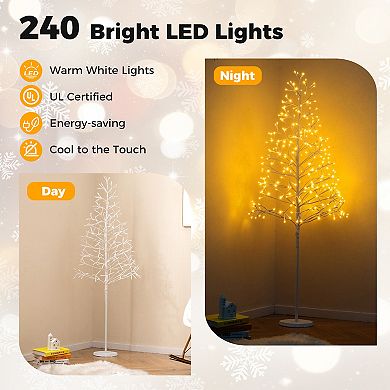 Gymax 5 FT Lighted Birch Tree w/ 240 Warm White Light LED Lights Weighted Base