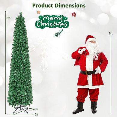 Gymax 8 FT Fiber Optic Artificial Christmas Tree Slim Pencil w/ Colorful Lights & 889 Branch Tips