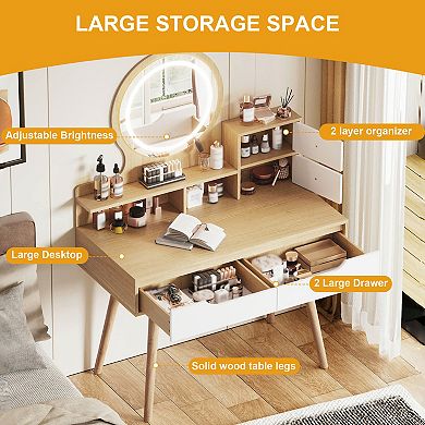 Makeup Vanity Desk with 3-Color Adjustable Lighted Mirror & 4 Drawers for Bedroom