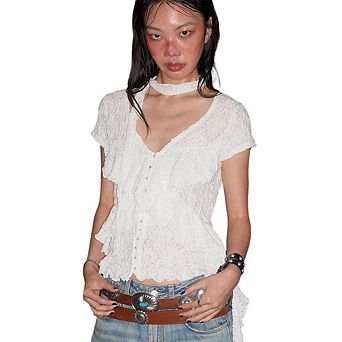 Women's Y2K Lace Crochet V-Neck Top - Vintage Hollow Out Short Sleeve Blouse