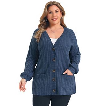 Women's Plus Size Cardigan Button Down V Neck Lantern Sleeve Soft Knit Sweater Cardigan with Pockets