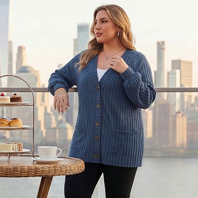 Women's Plus Size Cardigan Button Down V Neck Lantern Sleeve Soft Knit Sweater Cardigan with Pockets