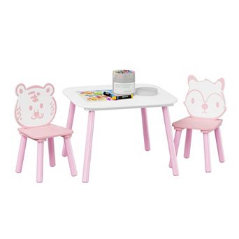 3 pc Wooden Kids Table and Chair Set with Animal Backrests