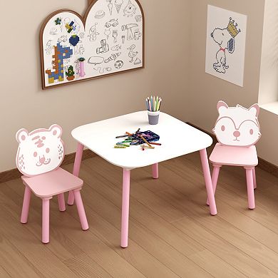 3-Piece Wooden Kids Table and Chair Set with Animal Backrests