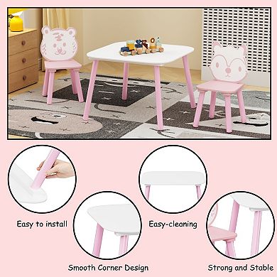 3-Piece Wooden Kids Table and Chair Set with Animal Backrests