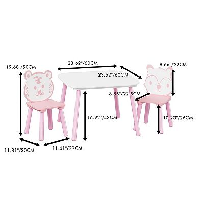3-Piece Wooden Kids Table and Chair Set with Animal Backrests