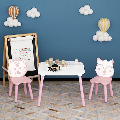 3-Piece Wooden Kids Table and Chair Set with Animal Backrests