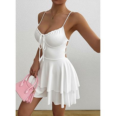 Women's Square Neck Spaghetti Strap Mini Dress, Front Tie Double Layer Ruffle Hem Casual Dress