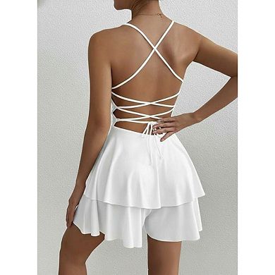 Women's Square Neck Spaghetti Strap Mini Dress, Front Tie Double Layer Ruffle Hem Casual Dress