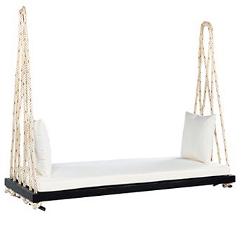 Patio Wooden Swing Chair, Hanging Porch Swing Bench with Cushion&Pillows, 10.8Ft Hemp Ropes