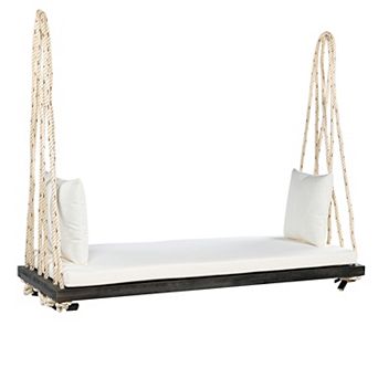 Patio Wooden Swing Chair, Hanging Porch Swing Bench with Cushion&Pillows, 10.8Ft Hemp Ropes