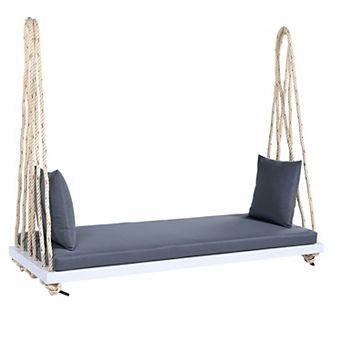 Patio Wooden Swing Chair, Hanging Porch Swing Bench with Cushion&Pillows, 10.8Ft Hemp Ropes