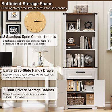 Farmhouse Bookshelf with Storage Cabinet, Tall Bookcase with 3 Adjustable Shelves & Barn Doors