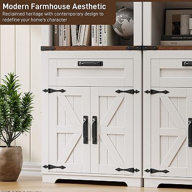 Farmhouse Bookshelf with Storage Cabinet, Tall Bookcase with 3 Adjustable Shelves & Barn Doors