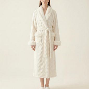 Women's Plush Long Robe with Faux Fur Trim Shawl Collar Tie Waist Belt Textured Soft Warm Robe