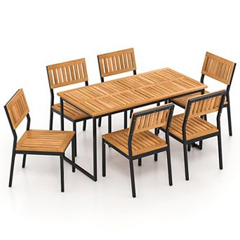 Gymax 7 pc Outdoor Dining Set for 6 Acacia Wood Rectangular Table & 6 Armless Chairs