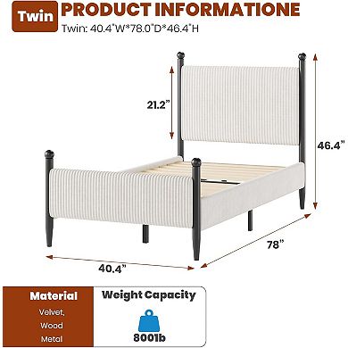ANIXOL Upholstered Corduroy Soft Bed Frame with Tapered Iron Legs - Twin Size