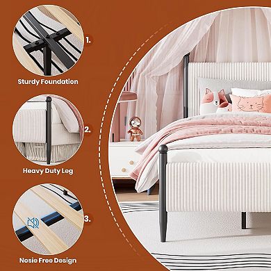 ANIXOL Upholstered Corduroy Soft Bed Frame with Tapered Iron Legs - Twin Size