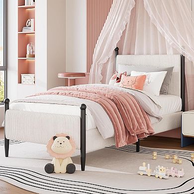 ANIXOL Upholstered Corduroy Soft Bed Frame with Tapered Iron Legs - Twin Size