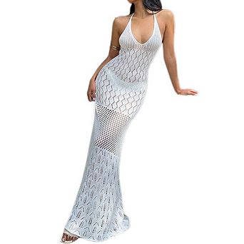 Womens Crochet Knit Sheer Beach Dress Summer Open Back Halter Neck Bathing Suit Cover Up Maxi Dress