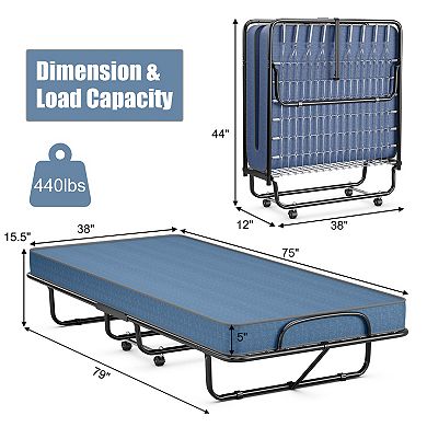 Gymax Folding Bed with Mattress Portable Rollaway Guest Cot Memory Foam Made in Italy​