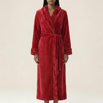Women's Long Plush Robe with Shawl Collar Tie Waist Belt Soft Fleece Robe Relaxed Fit