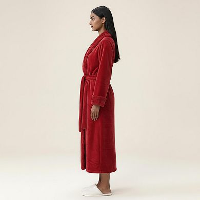 Women's Long Plush Robe with Shawl Collar Tie Waist Belt Soft Fleece Robe Relaxed Fit