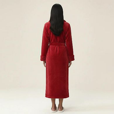 Women's Long Plush Robe with Shawl Collar Tie Waist Belt Soft Fleece Robe Relaxed Fit
