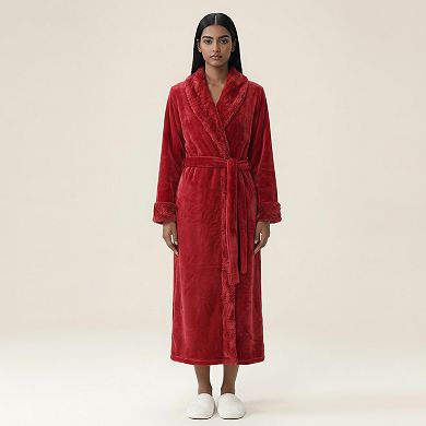 Women's Long Plush Robe with Shawl Collar Tie Waist Belt Soft Fleece Robe Relaxed Fit