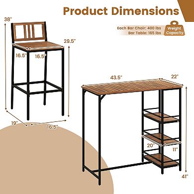 Gymax 3 Pieces Outdoor Wood Bar Set w/ 3-Tier Storage Shelf & Metal Frame for Backyard