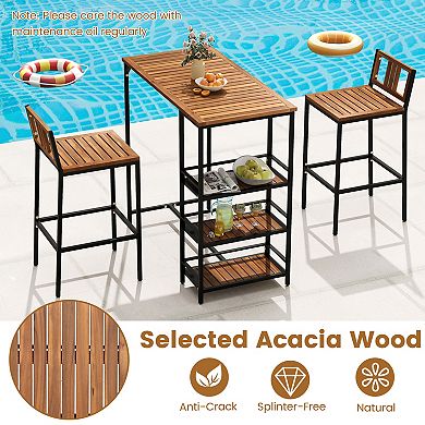 Gymax 3 Pieces Outdoor Wood Bar Set w/ 3-Tier Storage Shelf & Metal Frame for Backyard