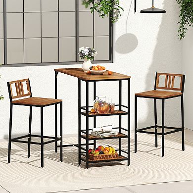 Gymax 3 Pieces Outdoor Wood Bar Set w/ 3-Tier Storage Shelf & Metal Frame for Backyard