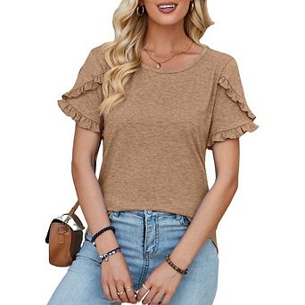 Womens Crewneck Fashion Work Outfits T Shirts Ruffle Short Sleeve Casual Tops Cute Dressy Blouses
