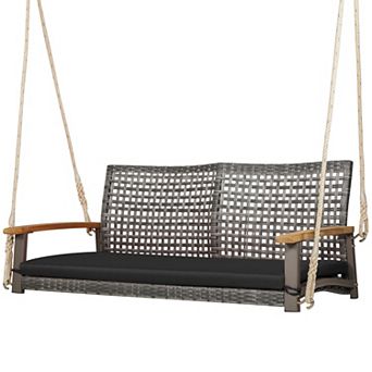 Gymax Rattan Patio Porch Swing 2-Person Cushioned Swing Chair Bench w/ Hanging Ropes