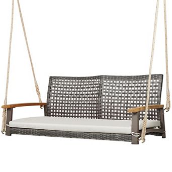 Gymax Rattan Patio Porch Swing 2-Person Cushioned Swing Chair Bench w/ Hanging Ropes